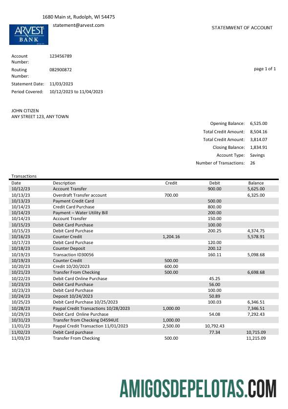 em branco EUA Arvest modelo de extrato bancário Word e PDF